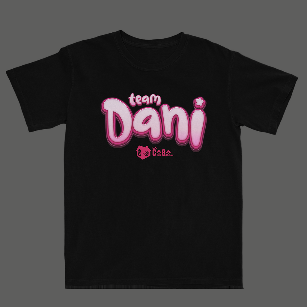 Black t-shirt with 'team Dani' text in pink