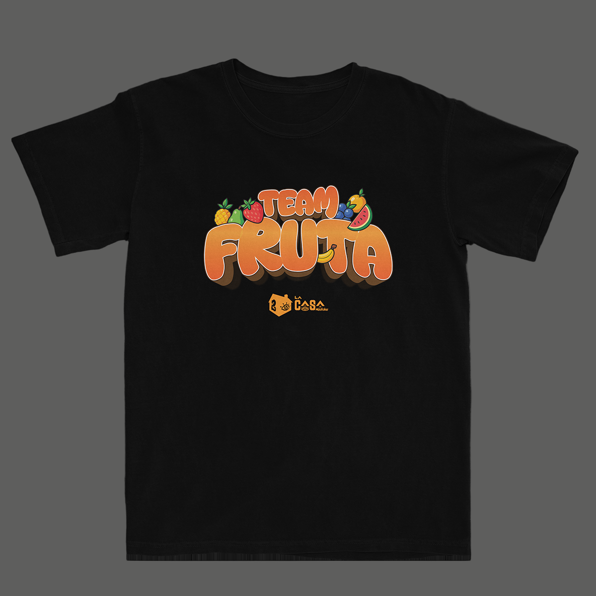 Black t-shirt with 'Team Fruta' graphic design
