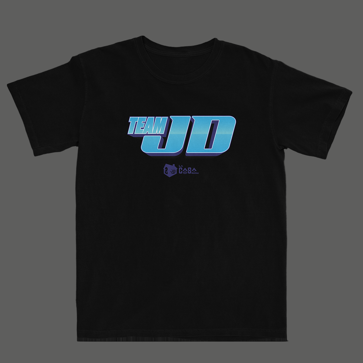 Black t-shirt with blue and white 'TEAM JD' text