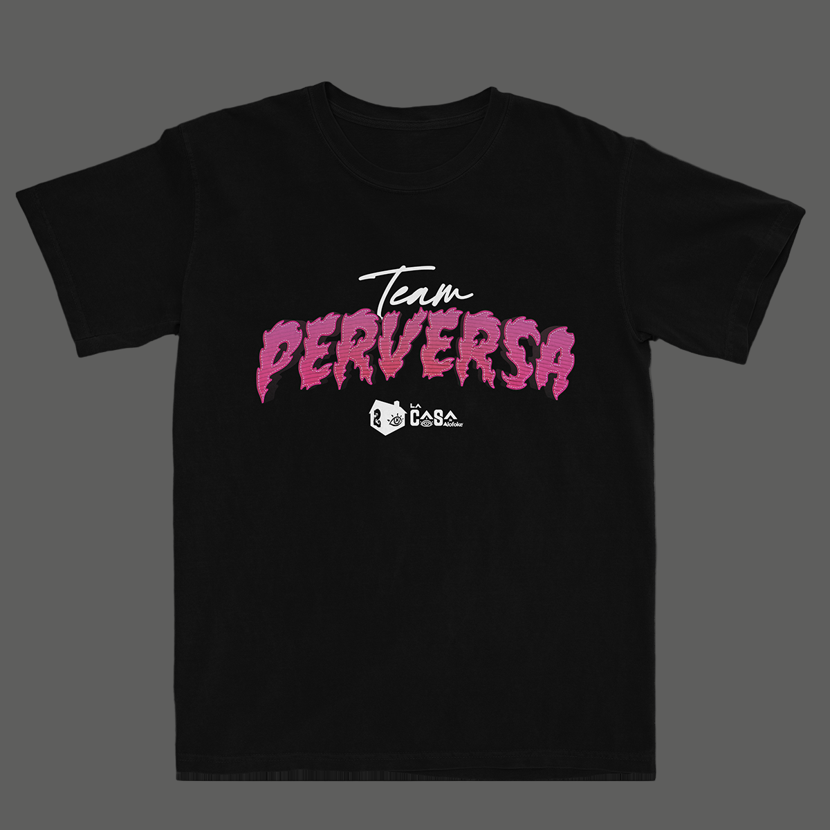Black t-shirt with 'Team Perverse' text in pink and white logo